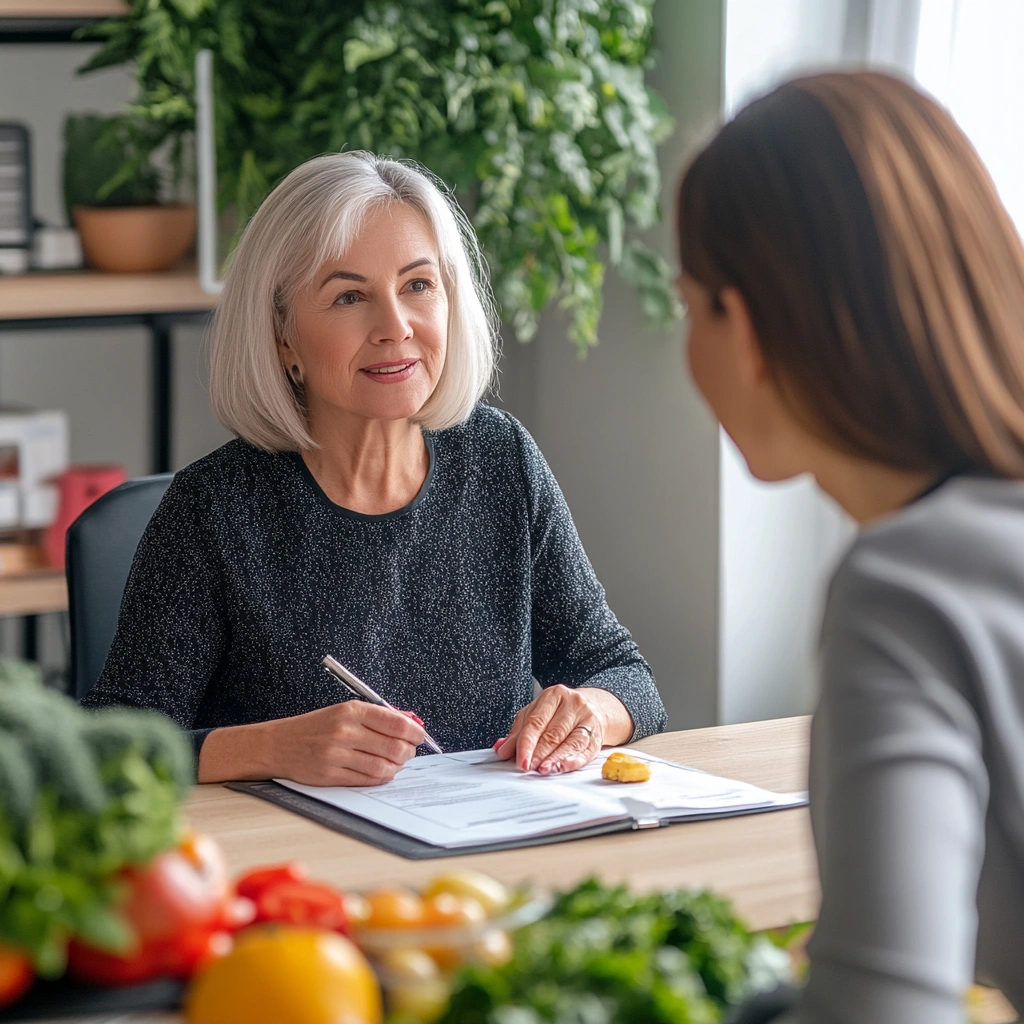 Консультація старшої жінки з нутриціологом щодо здорового харчування